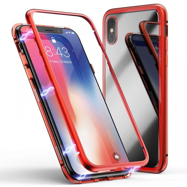 Wholesale Apple iPhone XS / X Fully Protective Magnetic Absorption Technology Transparent Clear Case (Red)